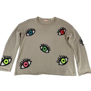 Lisa Todd Eye Candy Evil Eye Intarsia Knit Sweater Tan Beige Neon Large Women